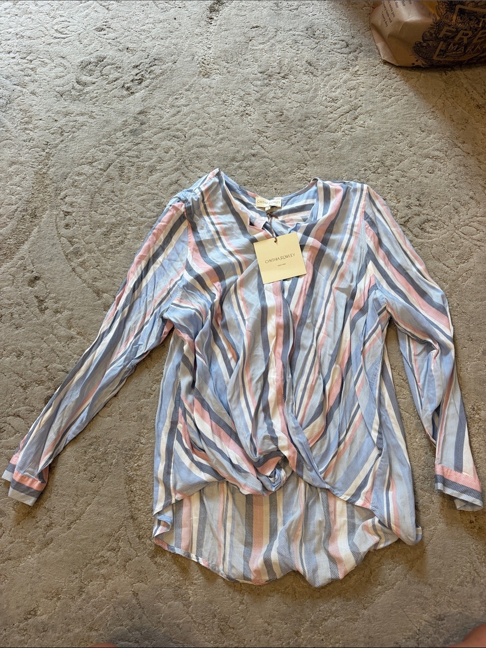 Blue Pink Striped Twist-Front Women’s Blouse